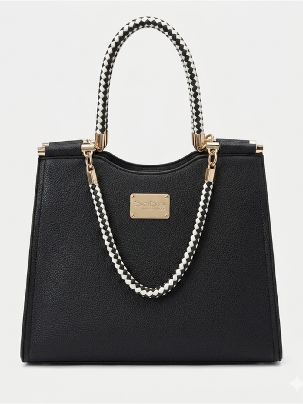 bebe Black Satchel with White Braided Handles and Gold Hardware